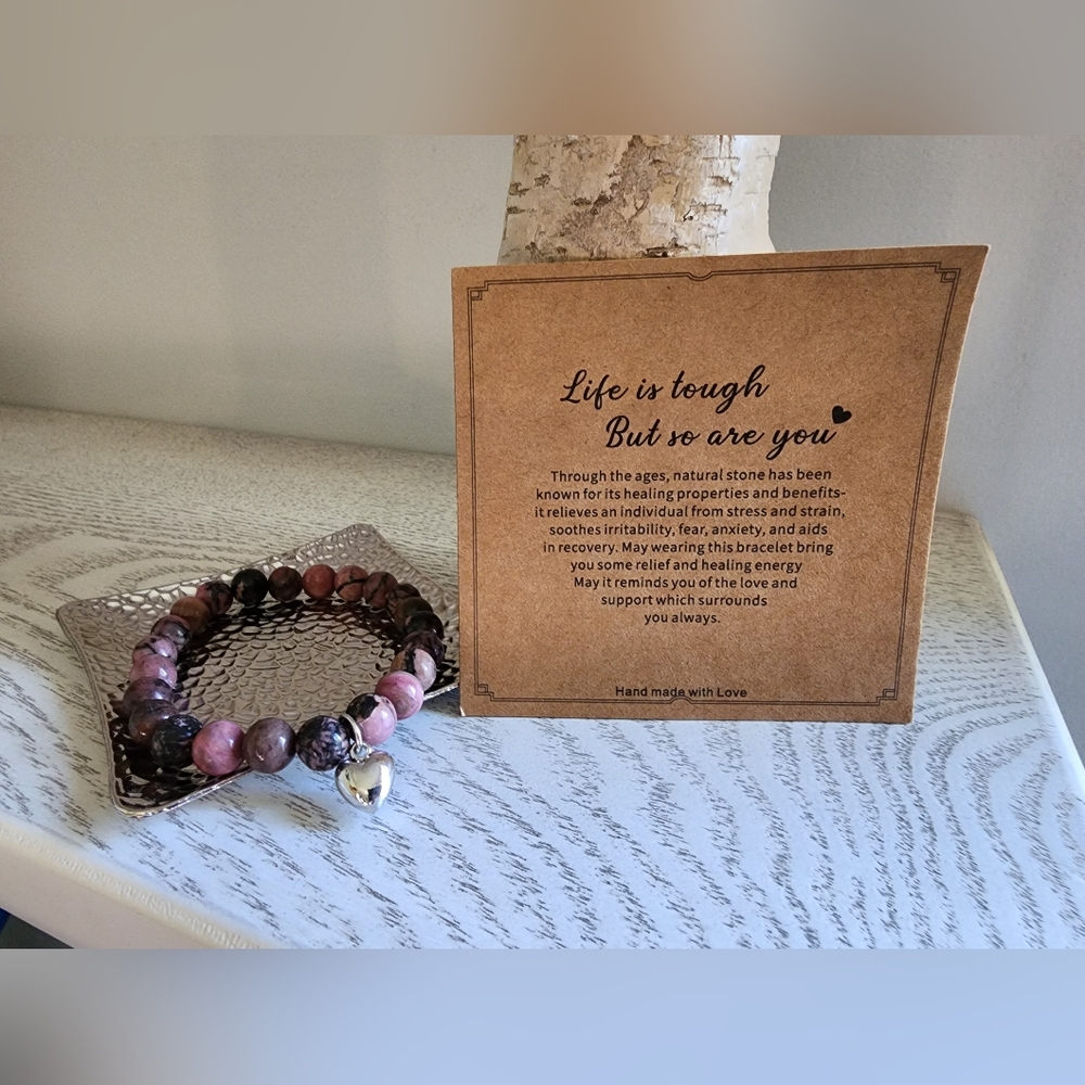 Natural Stone Beaded Bracelet with Heart Charm